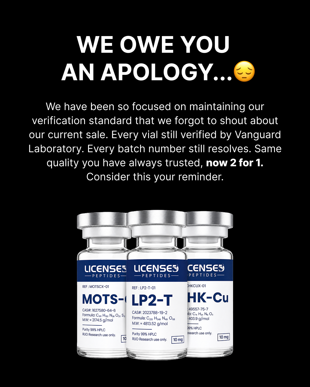Licensedpeptides.com Facebook ad: 2 FOR 1 SALE, LIMITED TIME