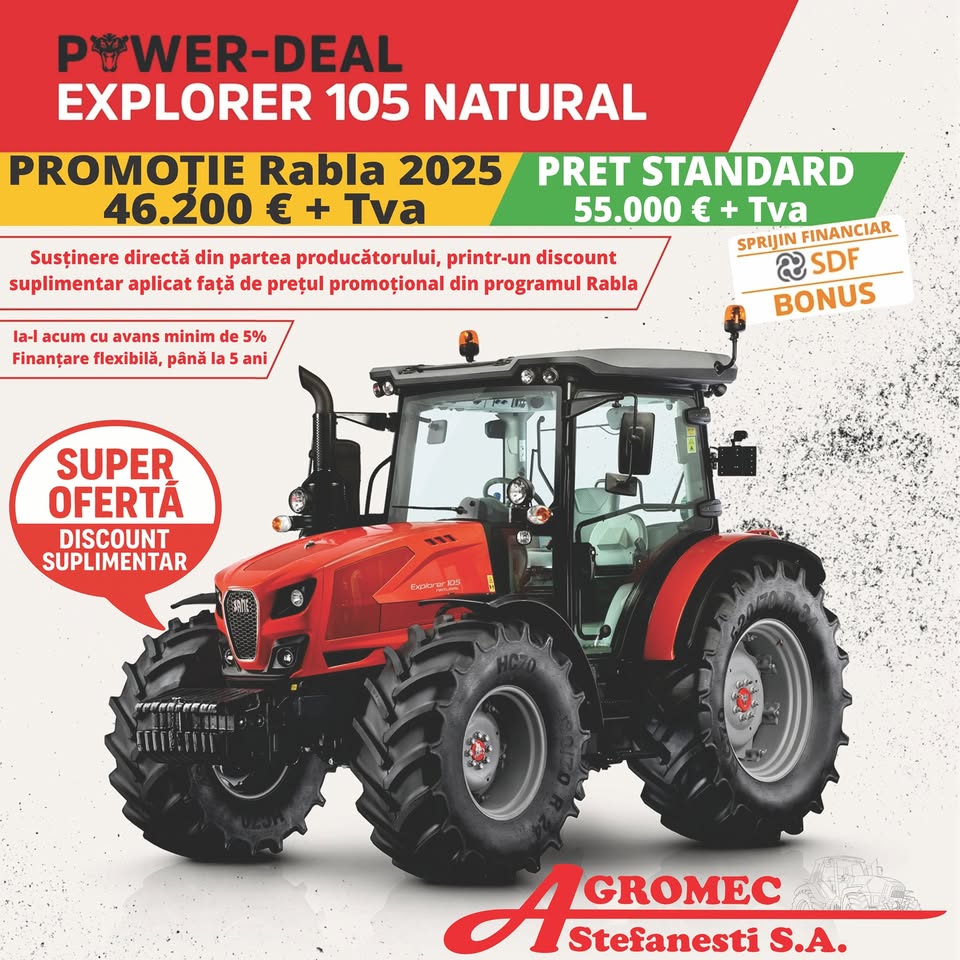 Agromec Ștefănesti SA Facebook ad: OFERTĂ SPECIALĂ LA SAME EXPLORER 105 NATURAL!
