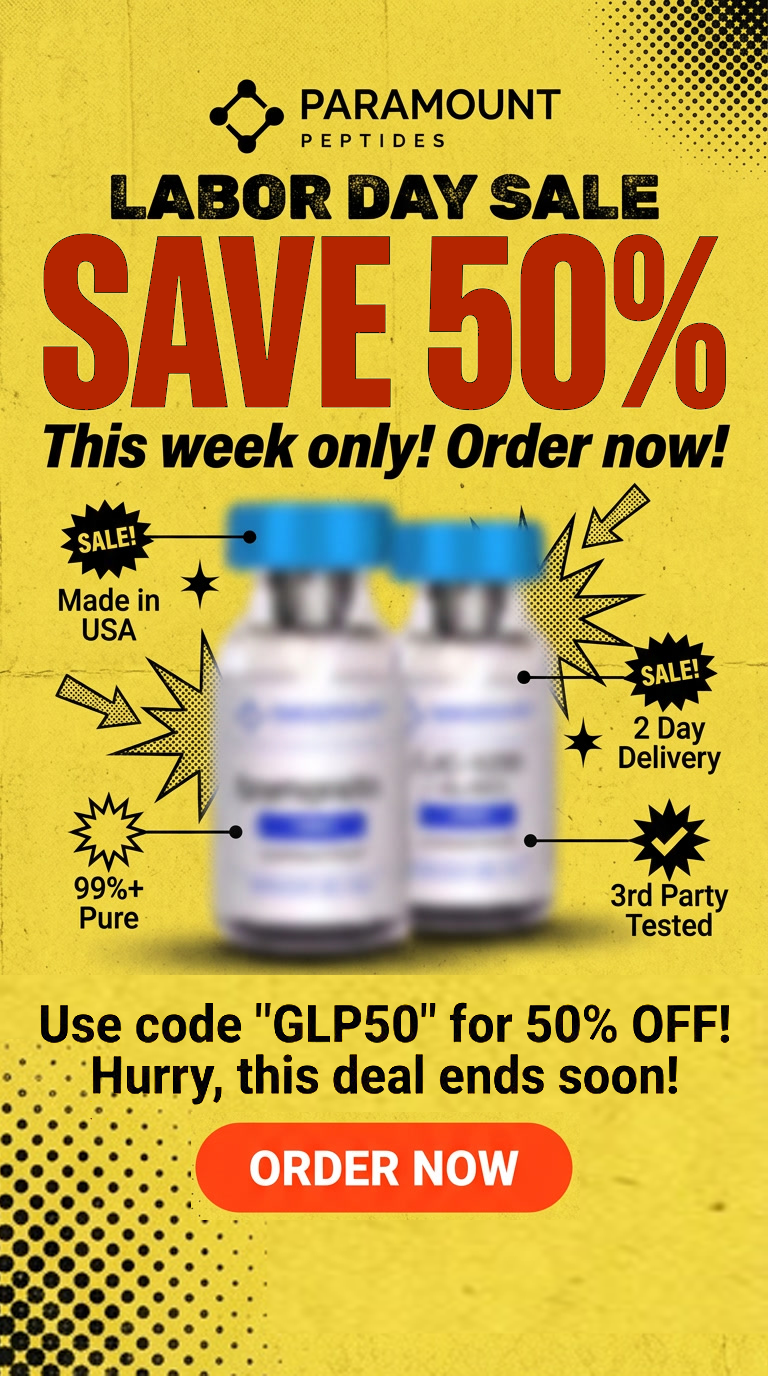 Paramount Peptides Sale Facebook ad: 50% OFF GIP's Labor Day Sale!
