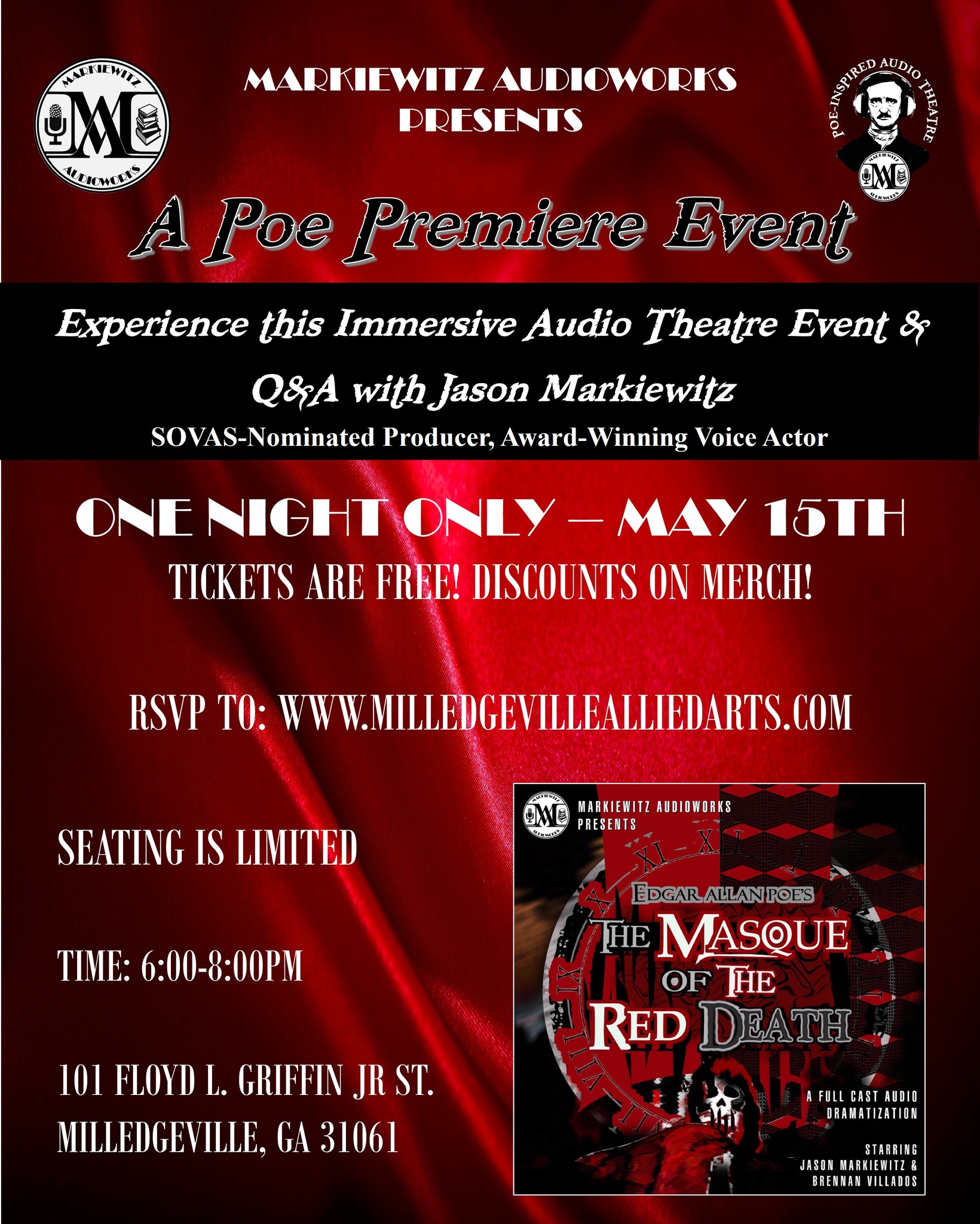 Milledgeville Baldwin County Allied Arts Facebook ad: A Poe Premiere Event: The Masque of the Red Death