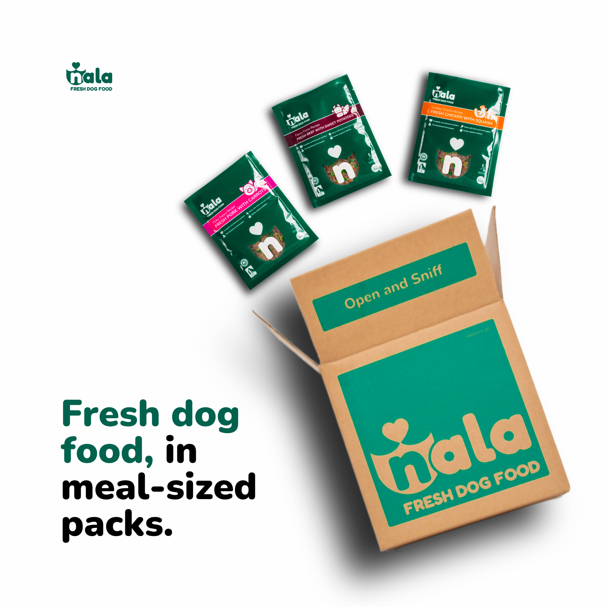 Nala Fresh Dog Food Facebook ad: Fresh dog food, perfectly packed.