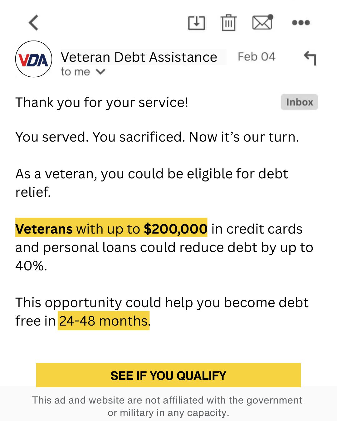 Veteran Debt Assistance Facebook ad