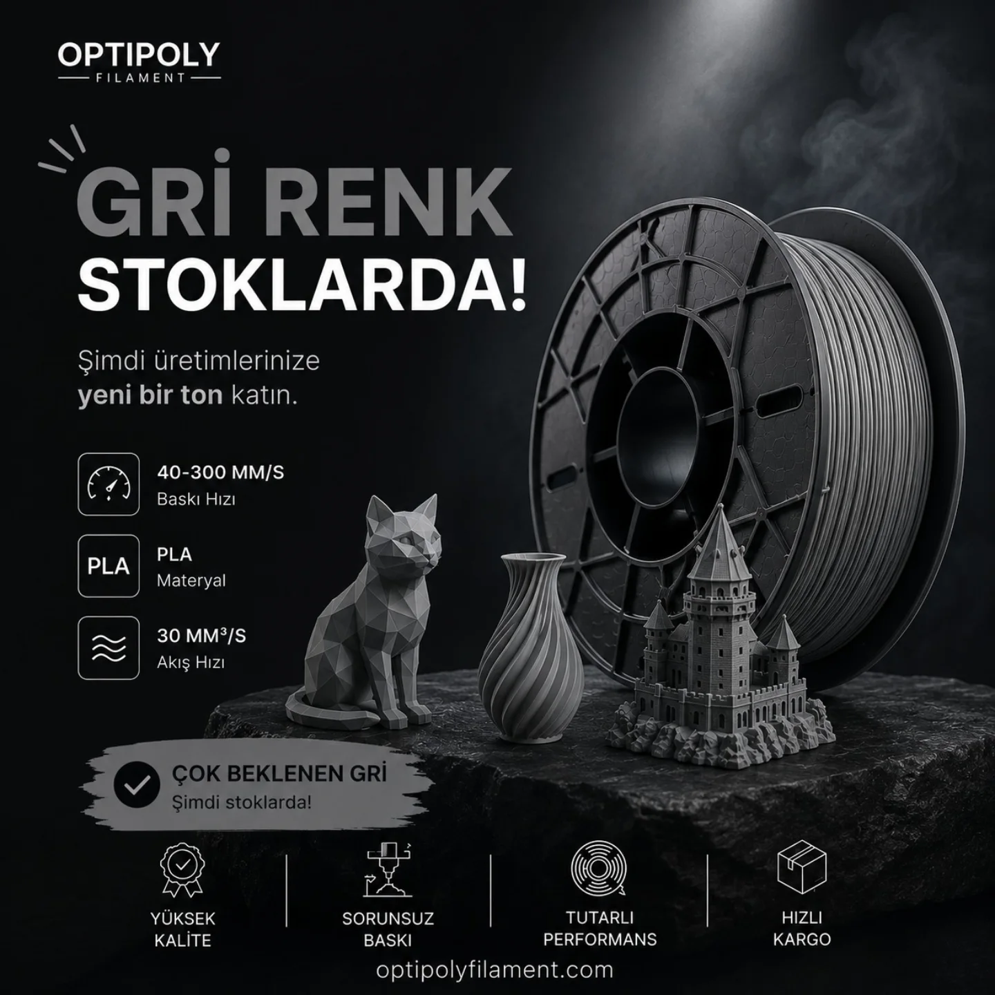 Optipoly Filament Facebook ad: Çok beklenen gri renk filament şimdi stoklarımızda.