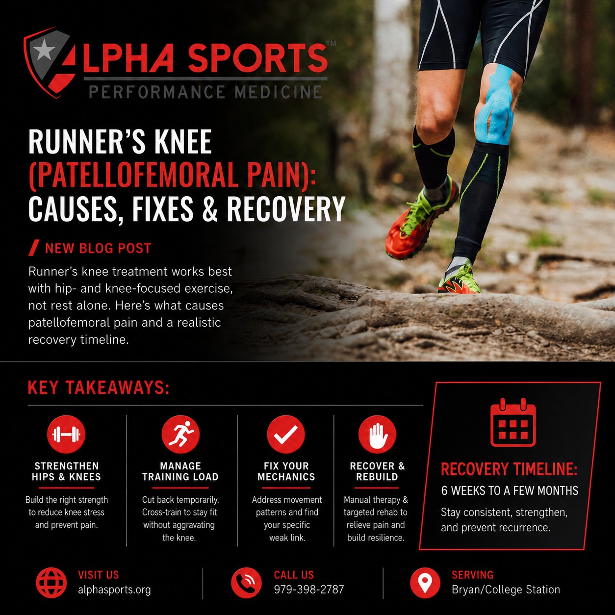Alpha Sports Performance Medicine - College Station Facebook ad: Sidelined by Runner’s Knee?