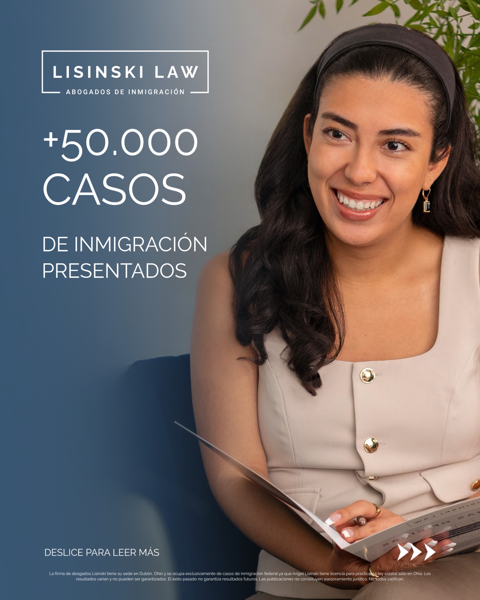 Abogada Angel Lisinski Facebook ad: ¡Hemos presentado más de 50.000 casos de inmigración…