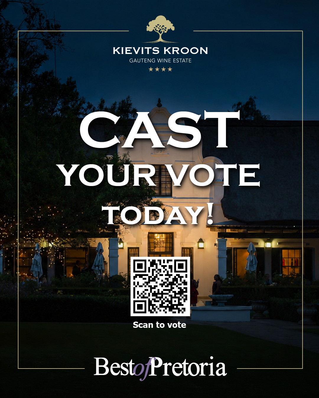 Kievits Kroon Gauteng Wine Estate Facebook ad: 𝗖𝗔𝗦𝗧 𝗬𝗢𝗨𝗥 𝗩𝗢𝗧𝗘 𝗙𝗢𝗥 𝗞𝗜𝗘𝗩𝗜𝗧𝗦 𝗞𝗥𝗢𝗢𝗡!