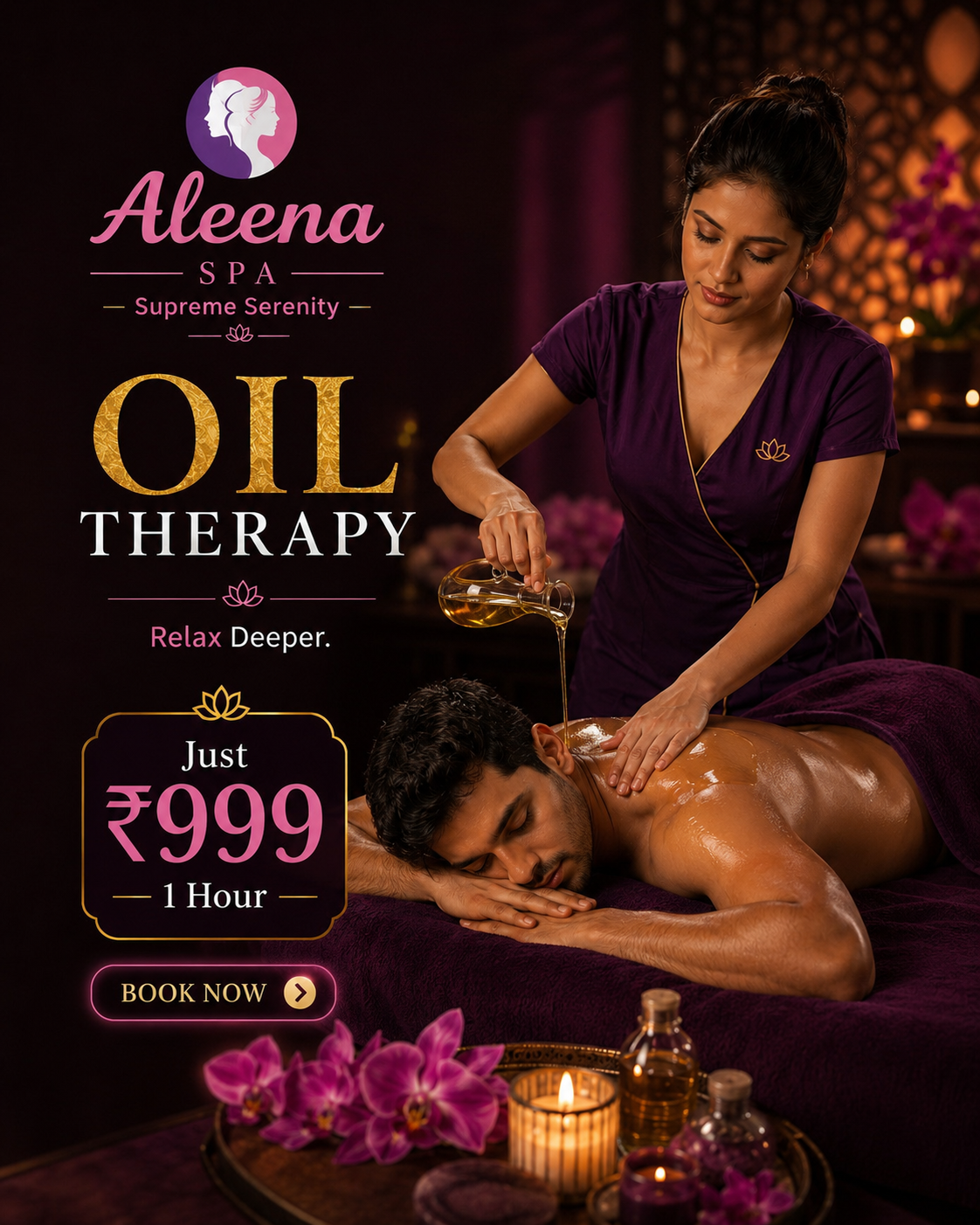 Aleena Unisex Family Salon & SPA Facebook ad: 1 Hour Oil Therapy at Just ₹999