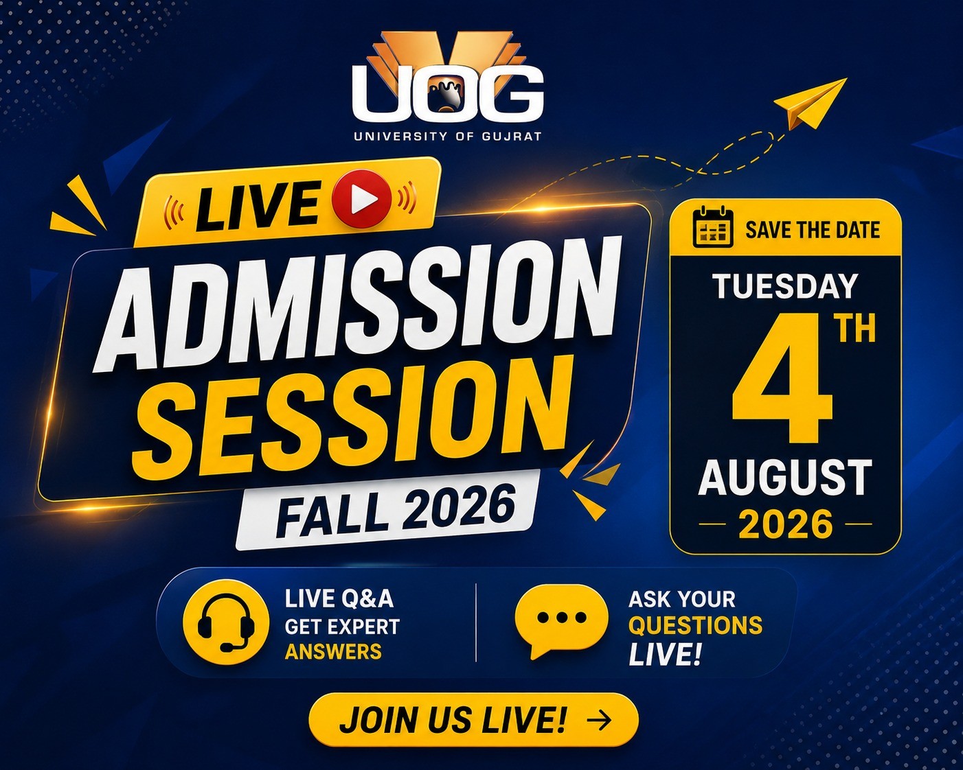 University of Gujrat Facebook ad: Join Us LIVE, UOG Admission Session | Fall…
