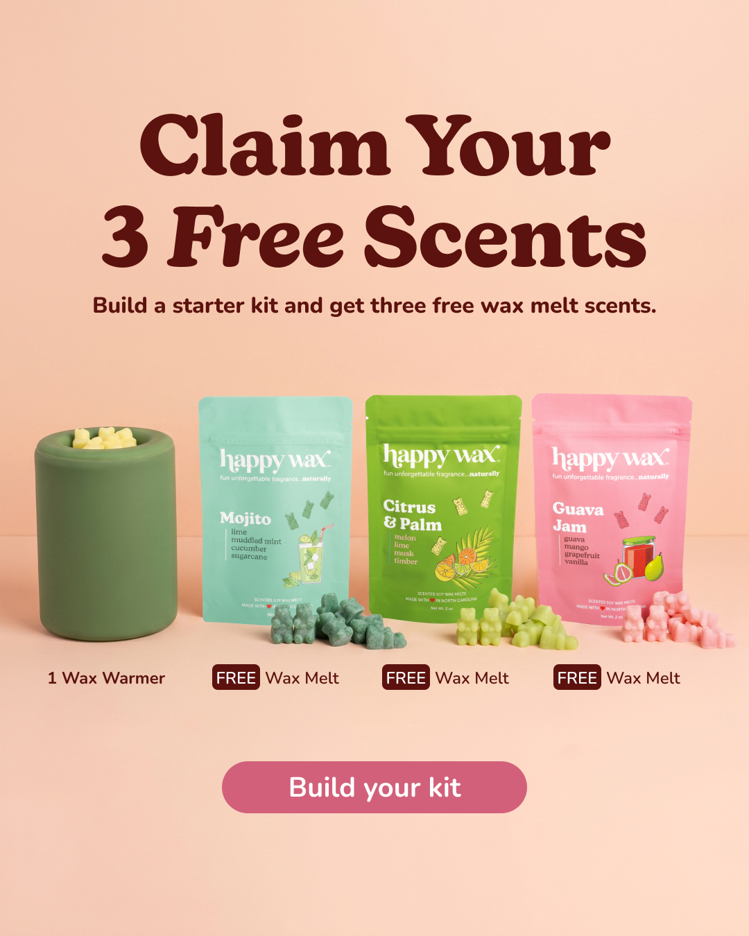 Happy Wax Facebook ad: Get Your First 3 Scents Free!