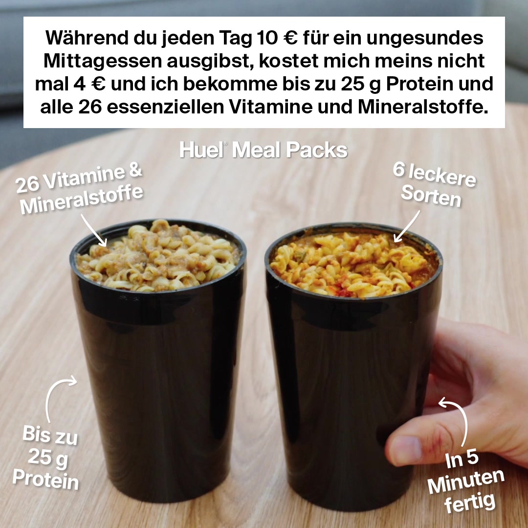 Huel Facebook ad: Mittagsprobleme? Gegessen.