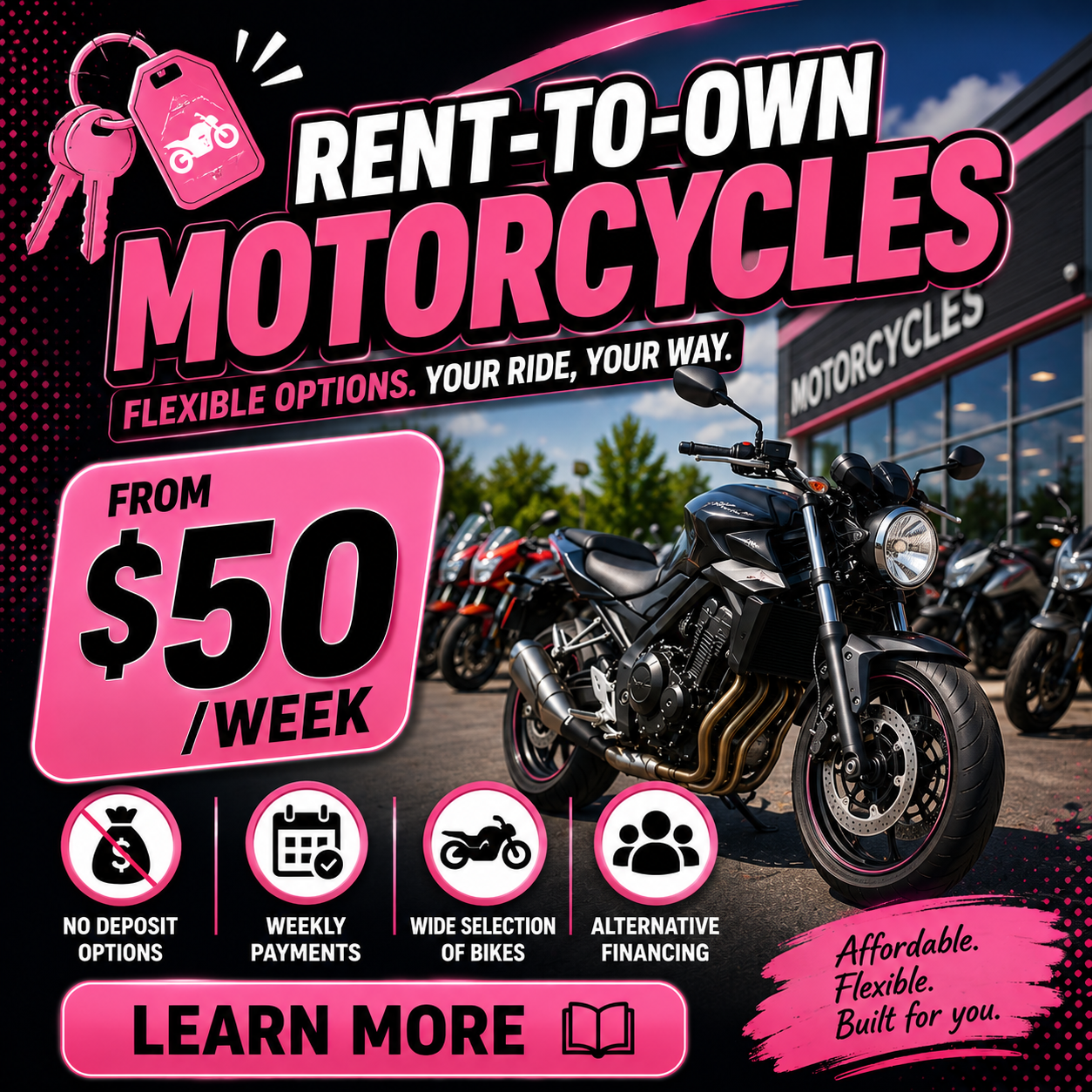 Everyday Guide Facebook ad: Rent-to-Own Motorcycles From $50/Week