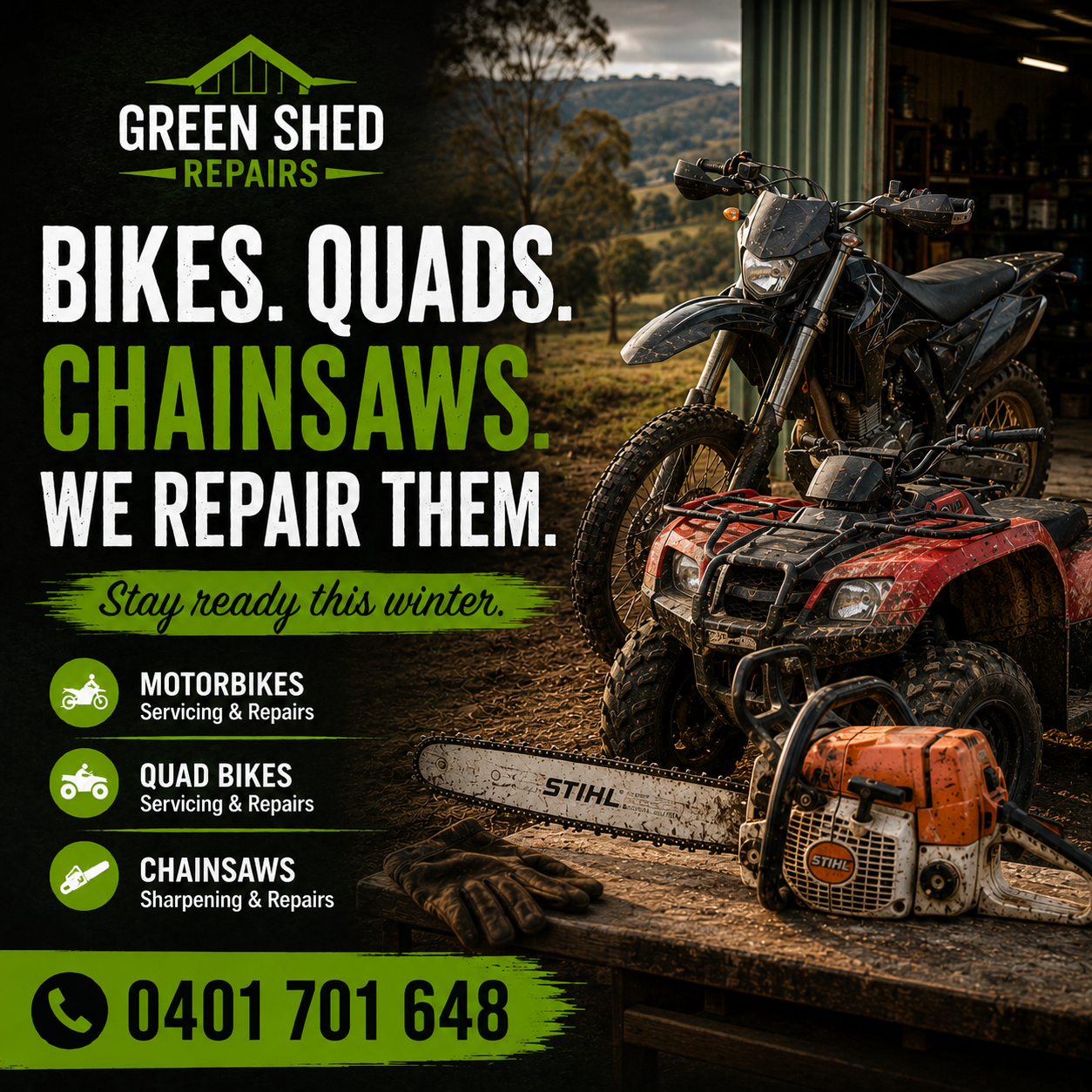 Green Shed Repairs Facebook ad: Get Your Gear Running Right
