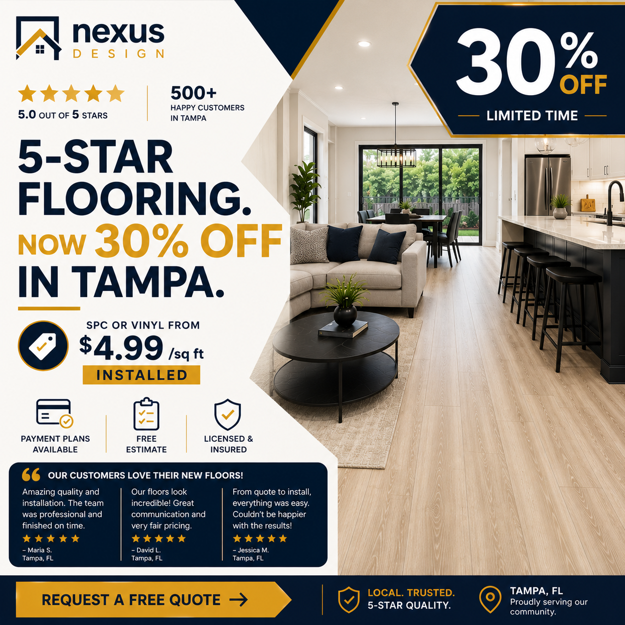 Nexus Design Tampa Facebook ad: 30% OFF Tile Installation, 1/64 Precision Tampa