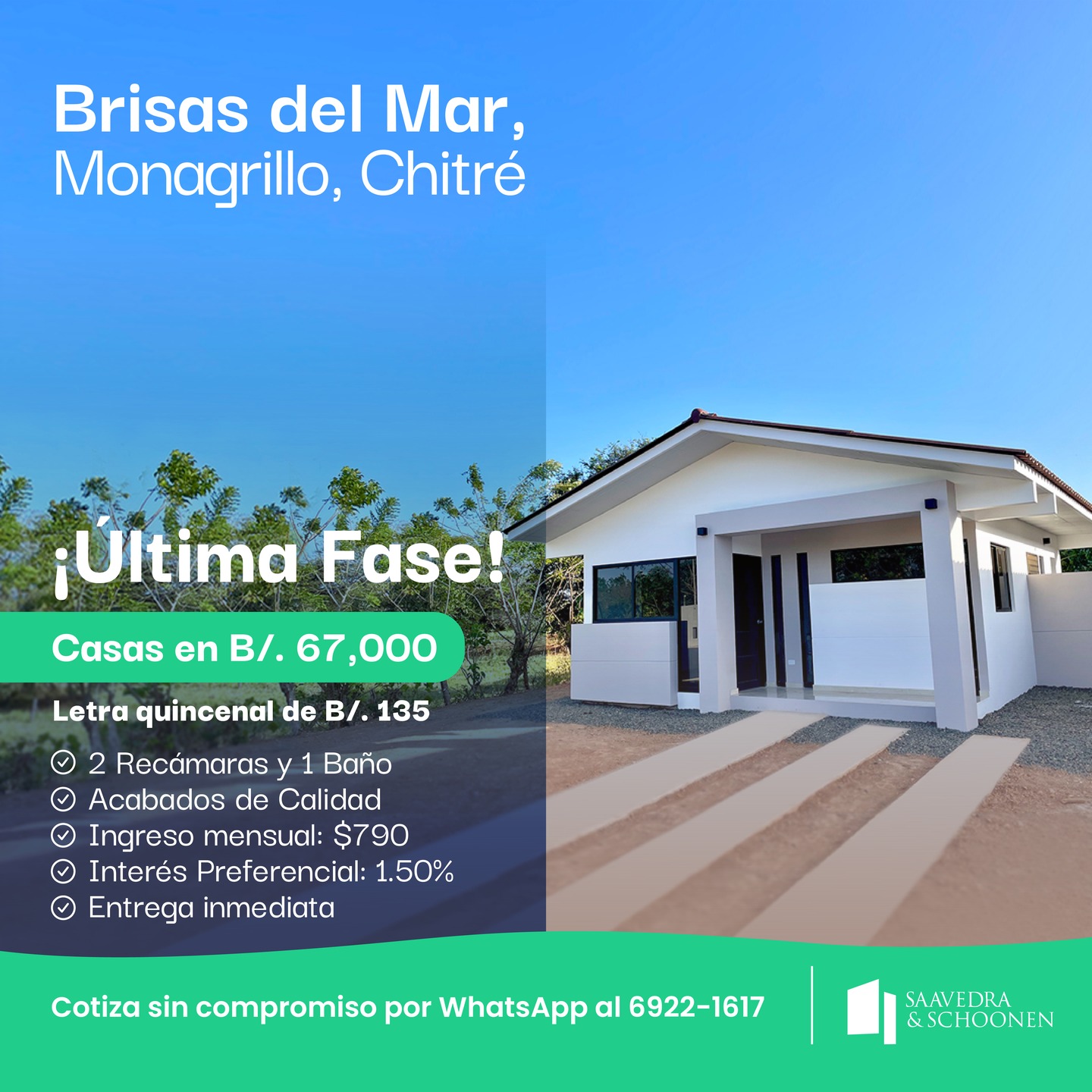 Saavedra & Schoonen, S.A. Facebook ad: ¡ÚLTIMA FASE EN BRISAS DEL MAR!