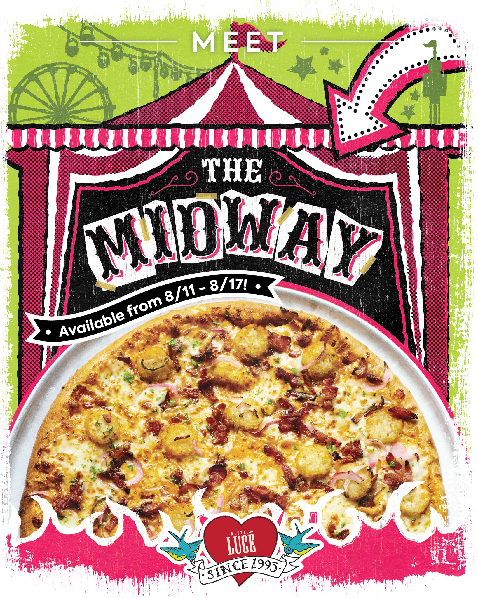 Pizza Lucé Facebook ad: THE MIDWAY IS IN TOWN.