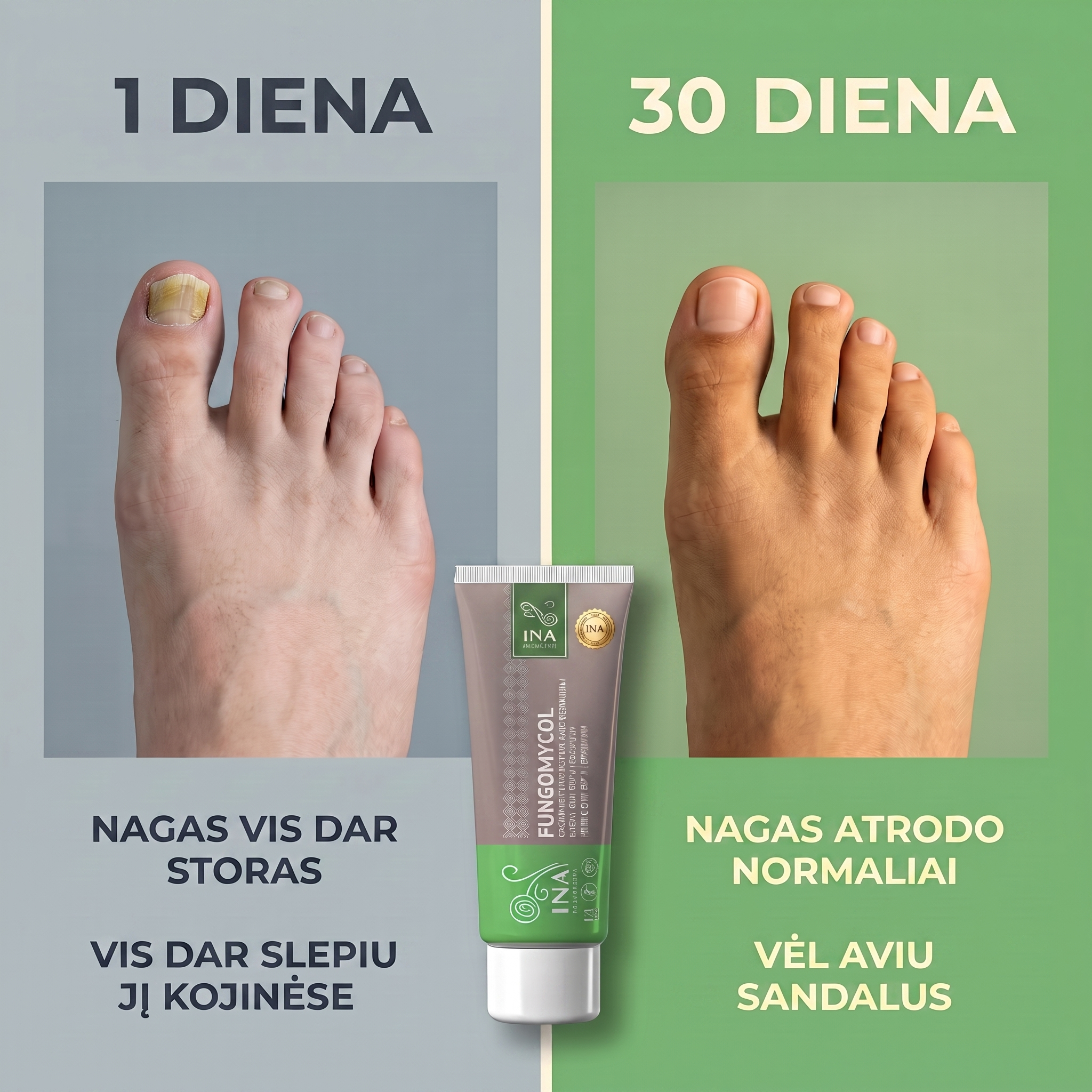 InaEssentials.lt - Organinė Kosmetika Facebook ad: 1 diena su kojinėmis, 30 diena su basutėmis