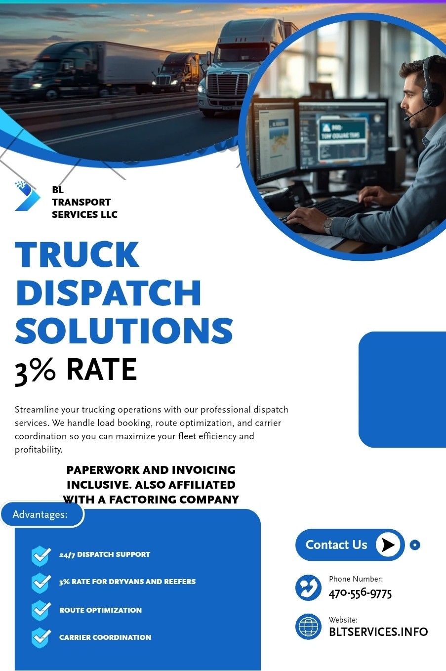 BL Transport Services LLC Facebook ad: Great Dispatch Solutions For Dry Vans and Reefers.
