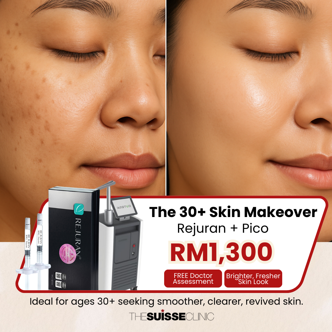 The Suisse Clinic Facebook ad: Tired of dull, tired-looking skin? The 30+ Skin Makeover…