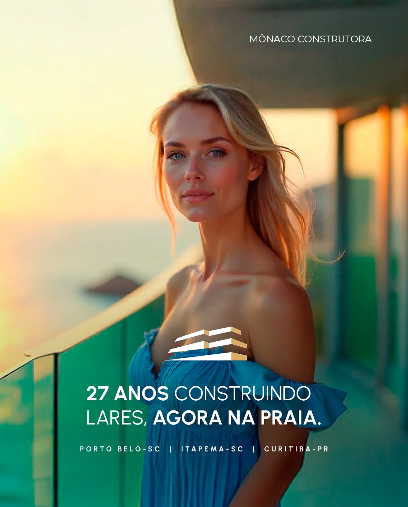 Monaco Construtora Facebook ad: 27 anos construindo lares, agora na praia.