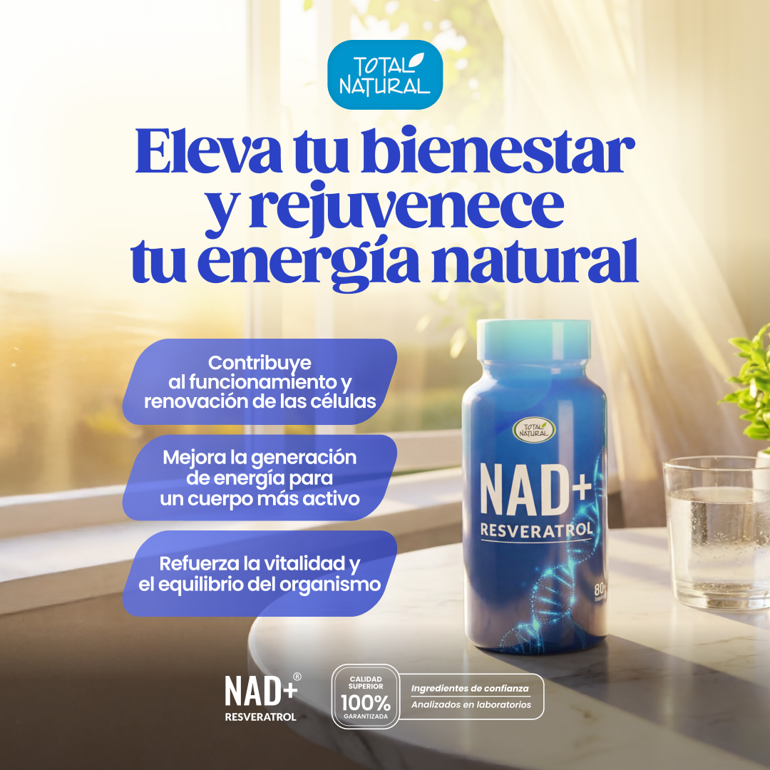 Total Natural Costa Rica Oficial Facebook ad: NAD+ Resveratrol, Revitaliza tus células, revitaliza tu vida