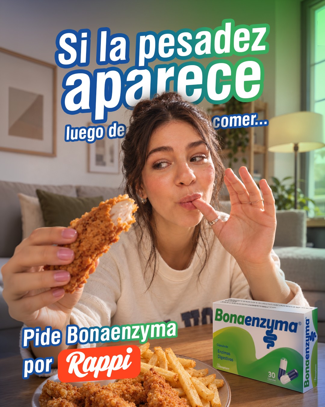 Bonapharm Facebook ad: Si la pesadez aparece después de comer… ya…