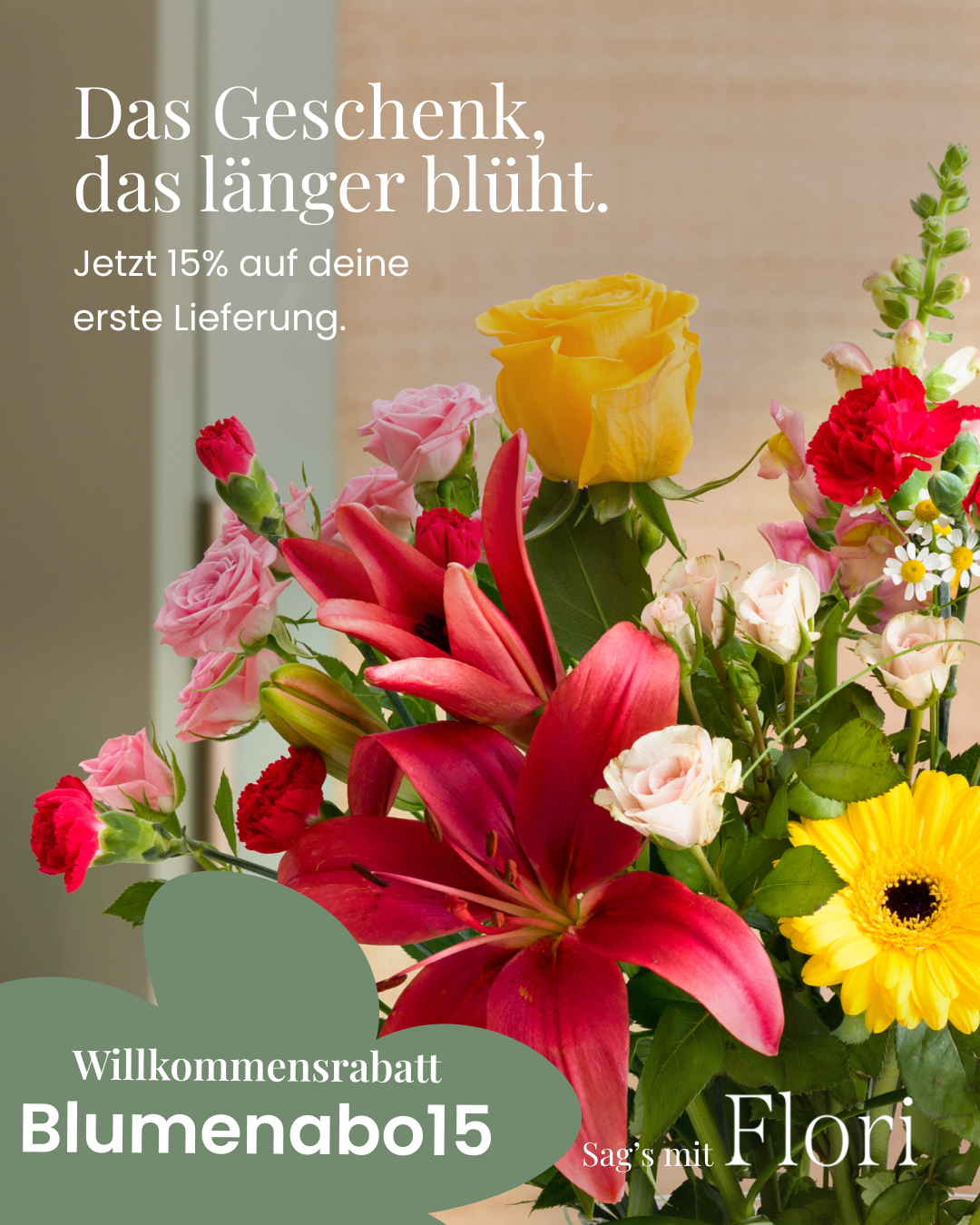 Flori.at Facebook ad: 15% Rabatt auf deine erste Lieferung