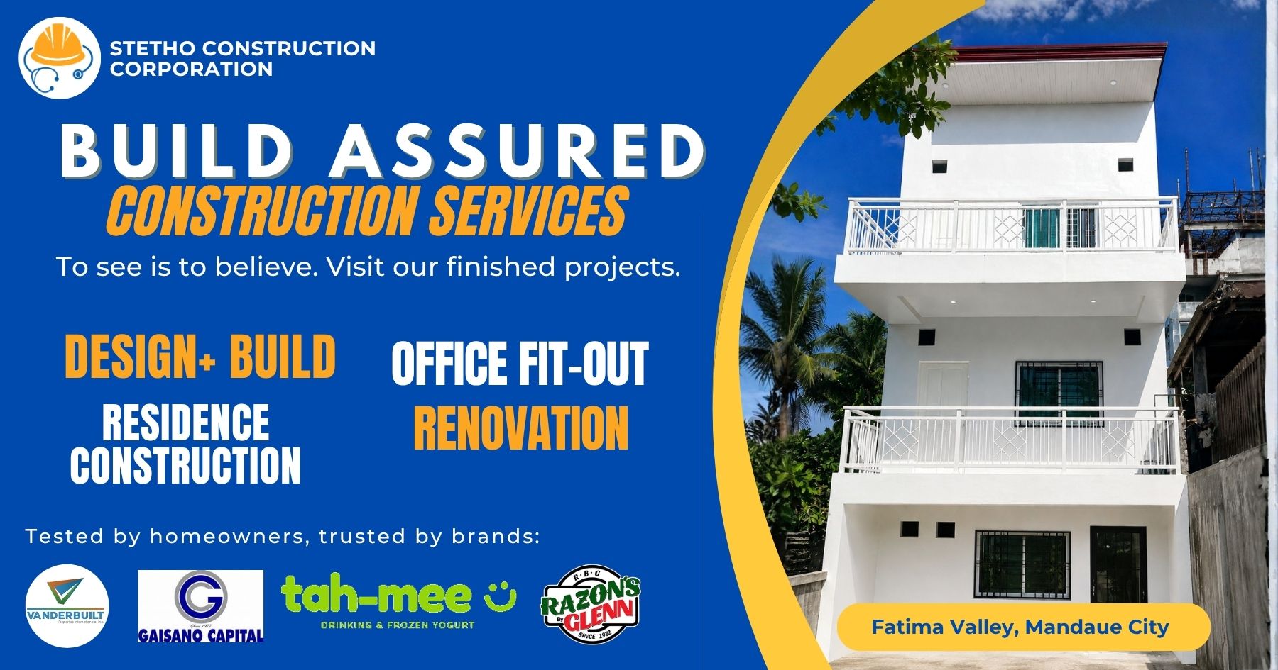 Stetho Construction Corporation Facebook ad: 𝗧𝗢 𝗦𝗘𝗘 𝗜𝗦 𝗧𝗢 𝗕𝗘𝗟𝗜𝗘𝗩𝗘.