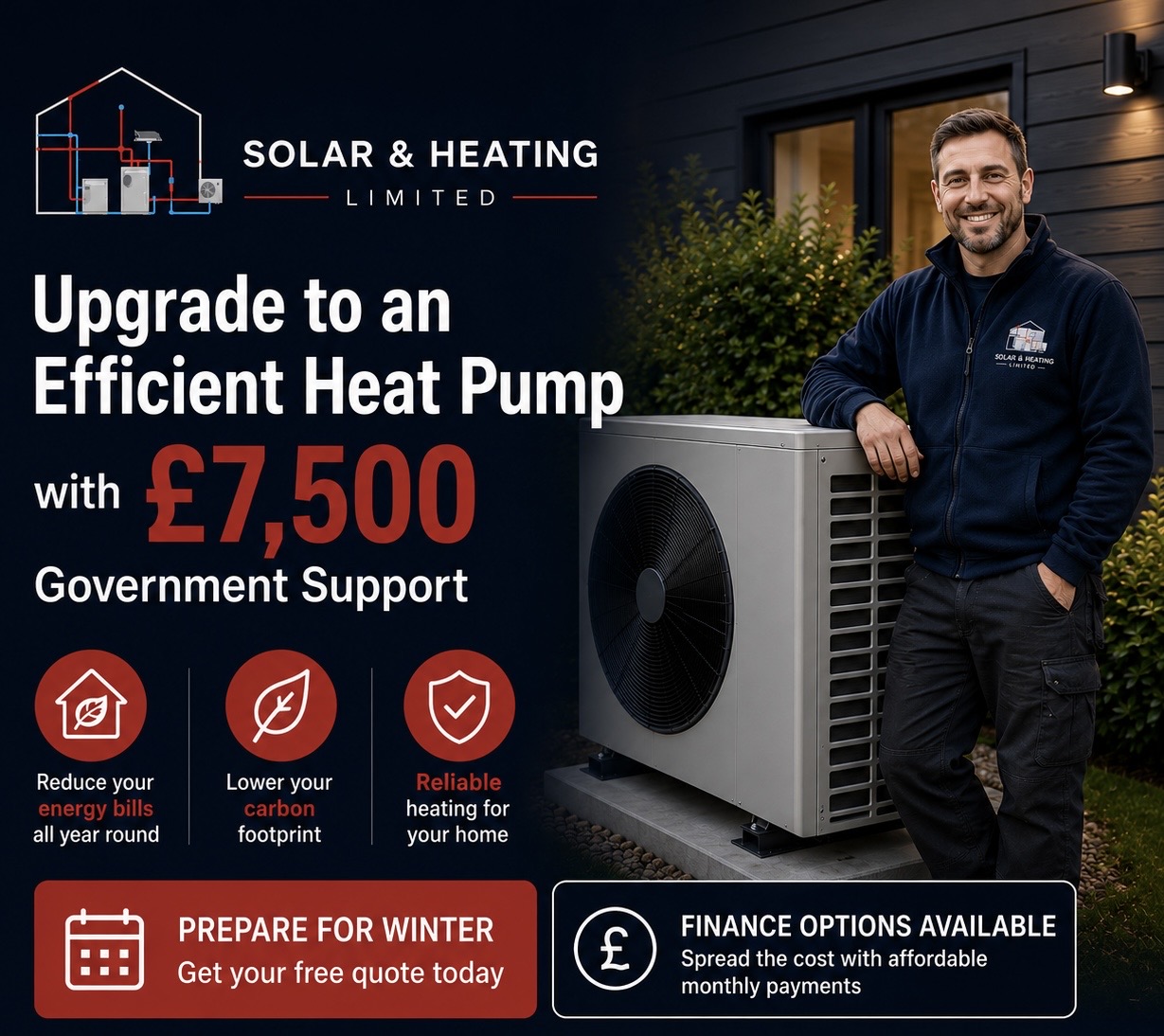 Solar&Heating Facebook ad: Upgrade Your Heating With £7,500 Support
