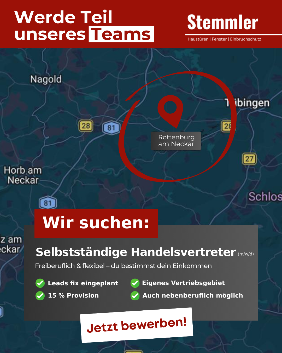 Stemmler Haustüren Facebook ad: Express-Bewerbung in 3 Minuten!