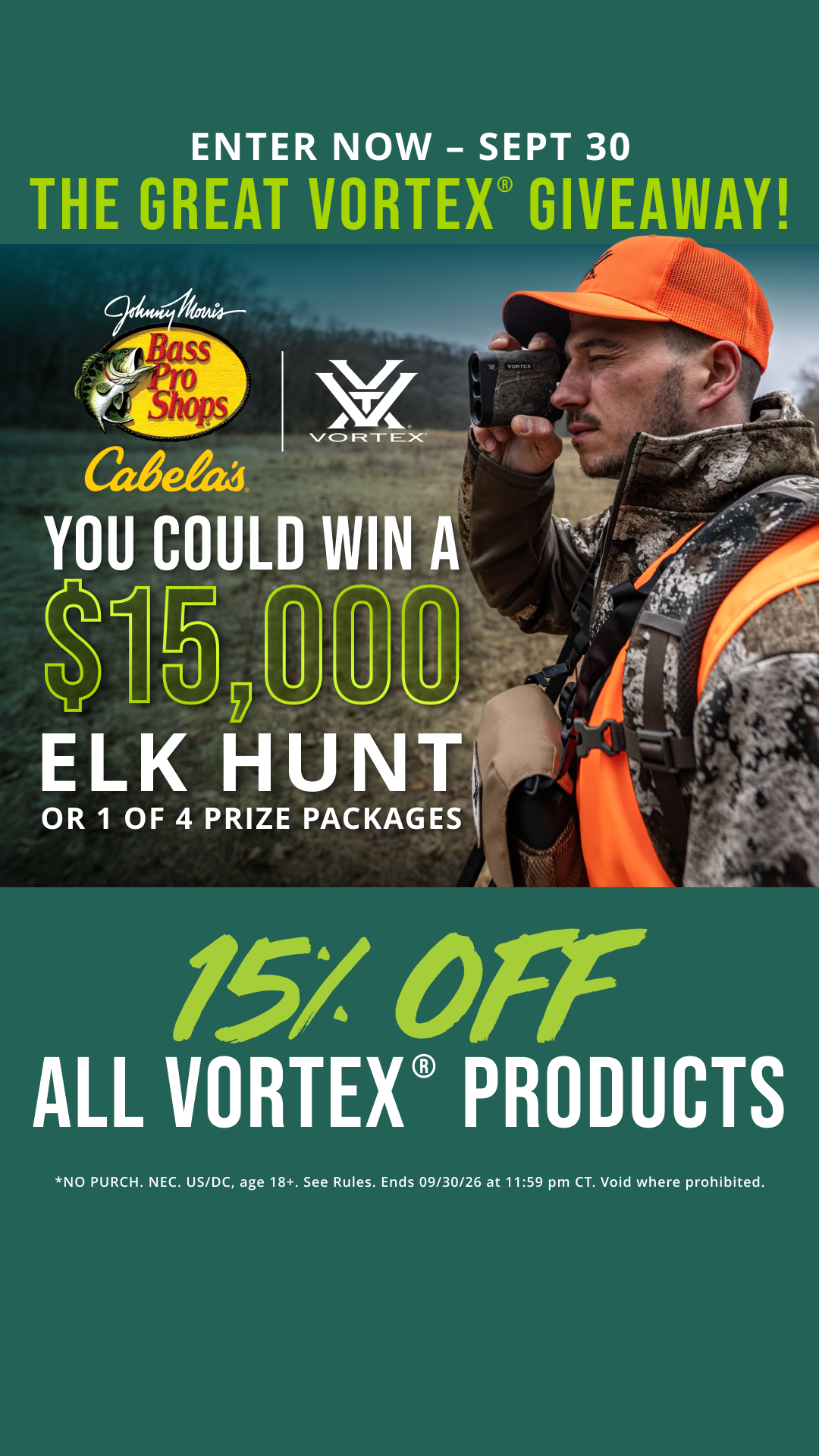 Bass Pro Shops Facebook ad: 15% Off Vortex & Win a $15k Hunt