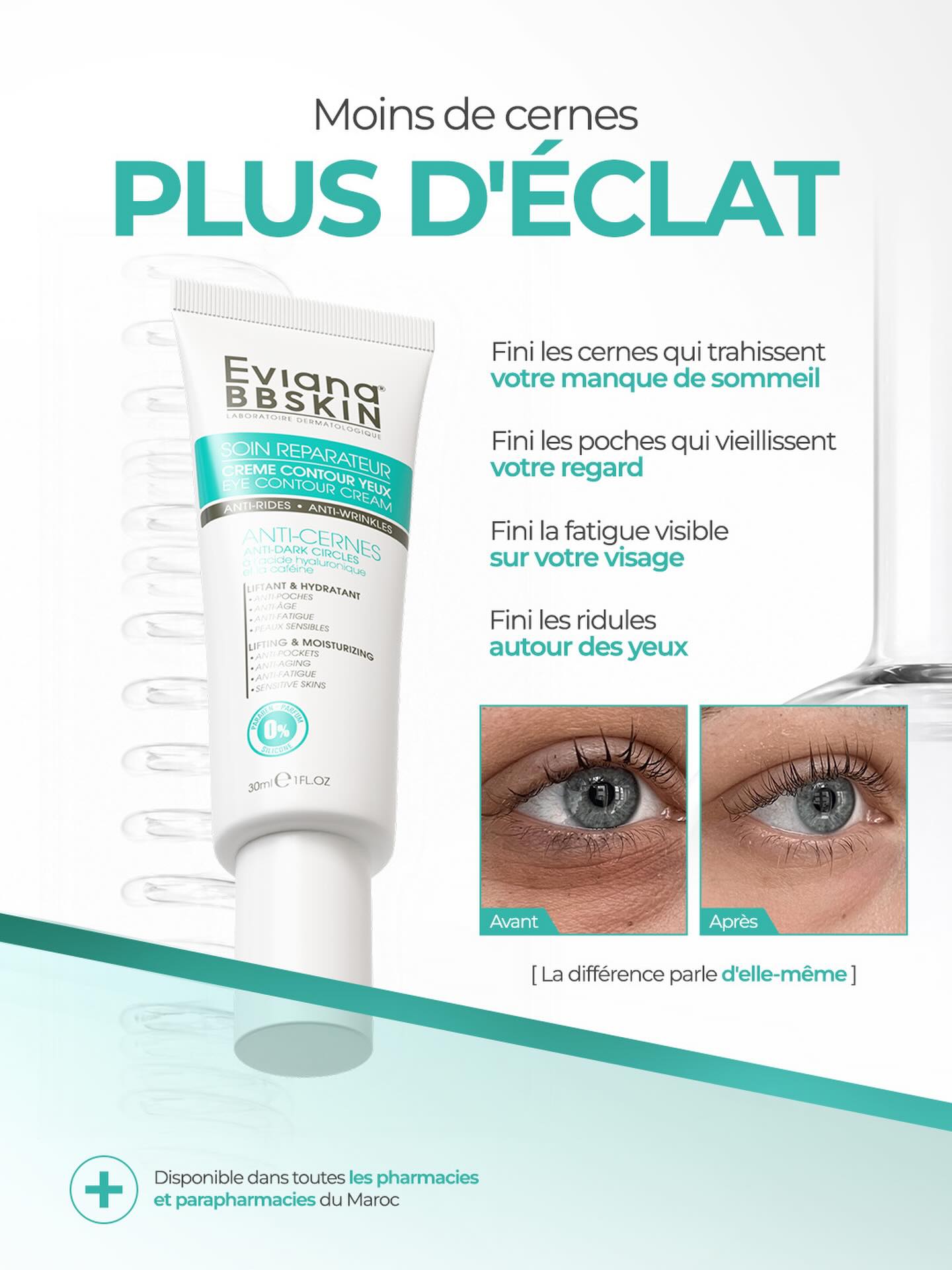Eviana Bbskin Facebook ad: Moins de cernes, plus d'éclat pour votre regard.