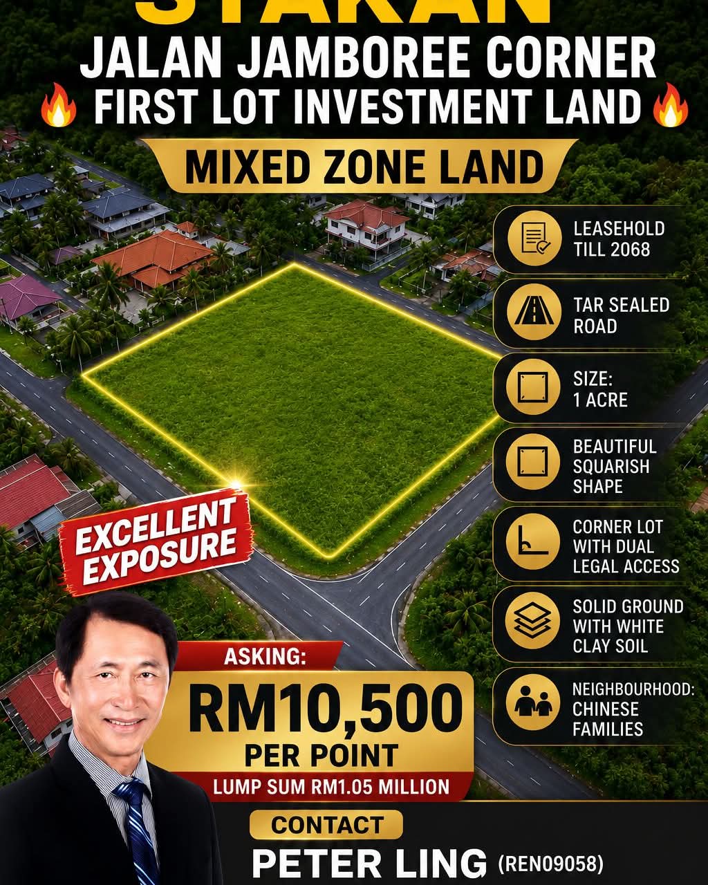 Peter Ling Facebook ad: Stakan Jalan Jamboree Corner Lot Investment Land Very good…