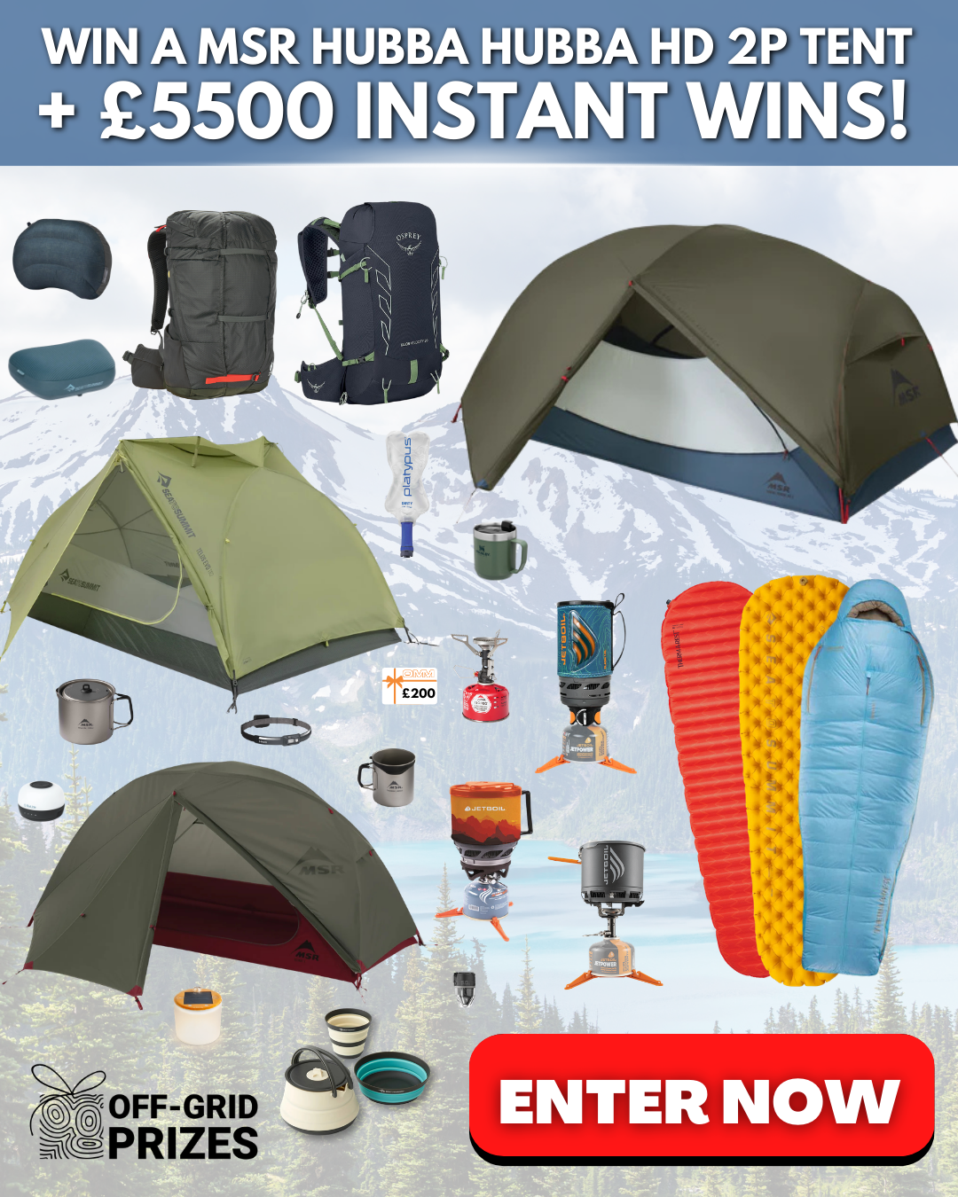Off-Grid Prizes Facebook ad: Win A MSR Hubba Hubba HD 2P Tent + ยฃ5500 Instant Wins!