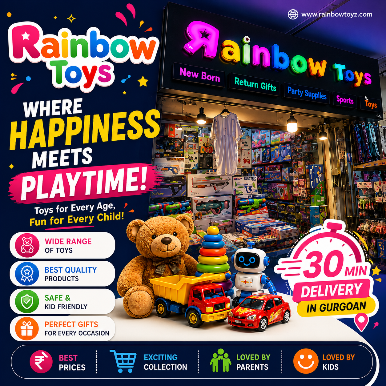 Rainbow Toys Gurgaon Facebook ad: Fast Delivery • Huge Collection • Best Prices