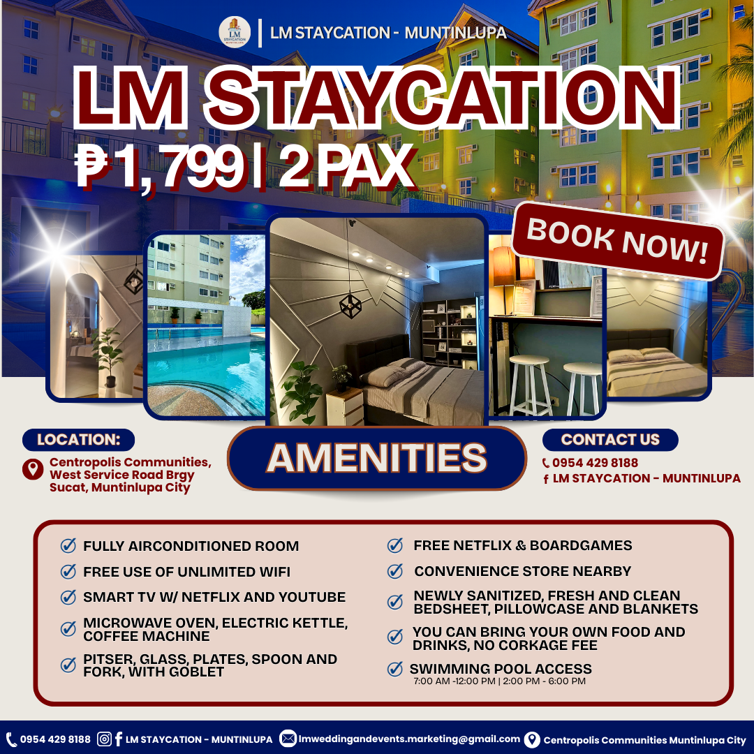 LM Staycation - Muntinlupa Facebook ad: A cozy, urban escape in Muntinlupa for couples…