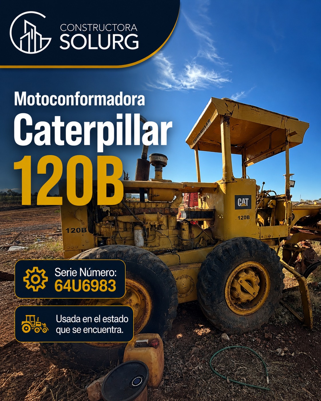 Constructora Solurg Facebook ad: Motoconformadora Caterpillar 120B disponible.