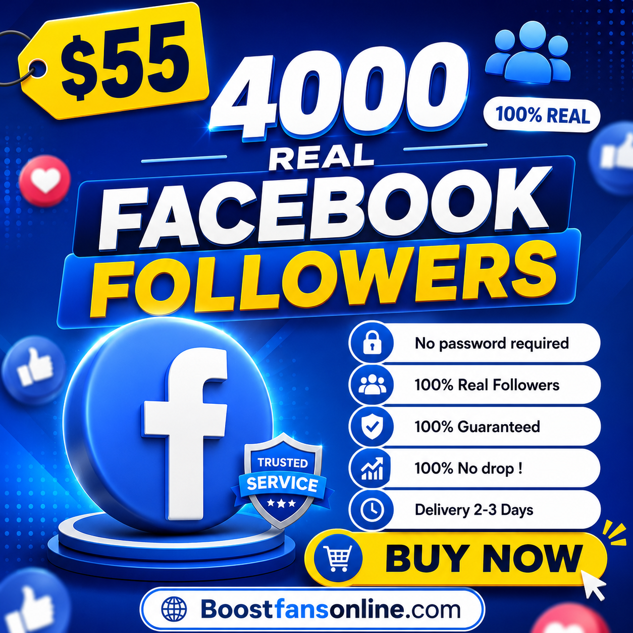 Boost Fans online Facebook ad: 4000 Real Facebook Followers, Only $55!