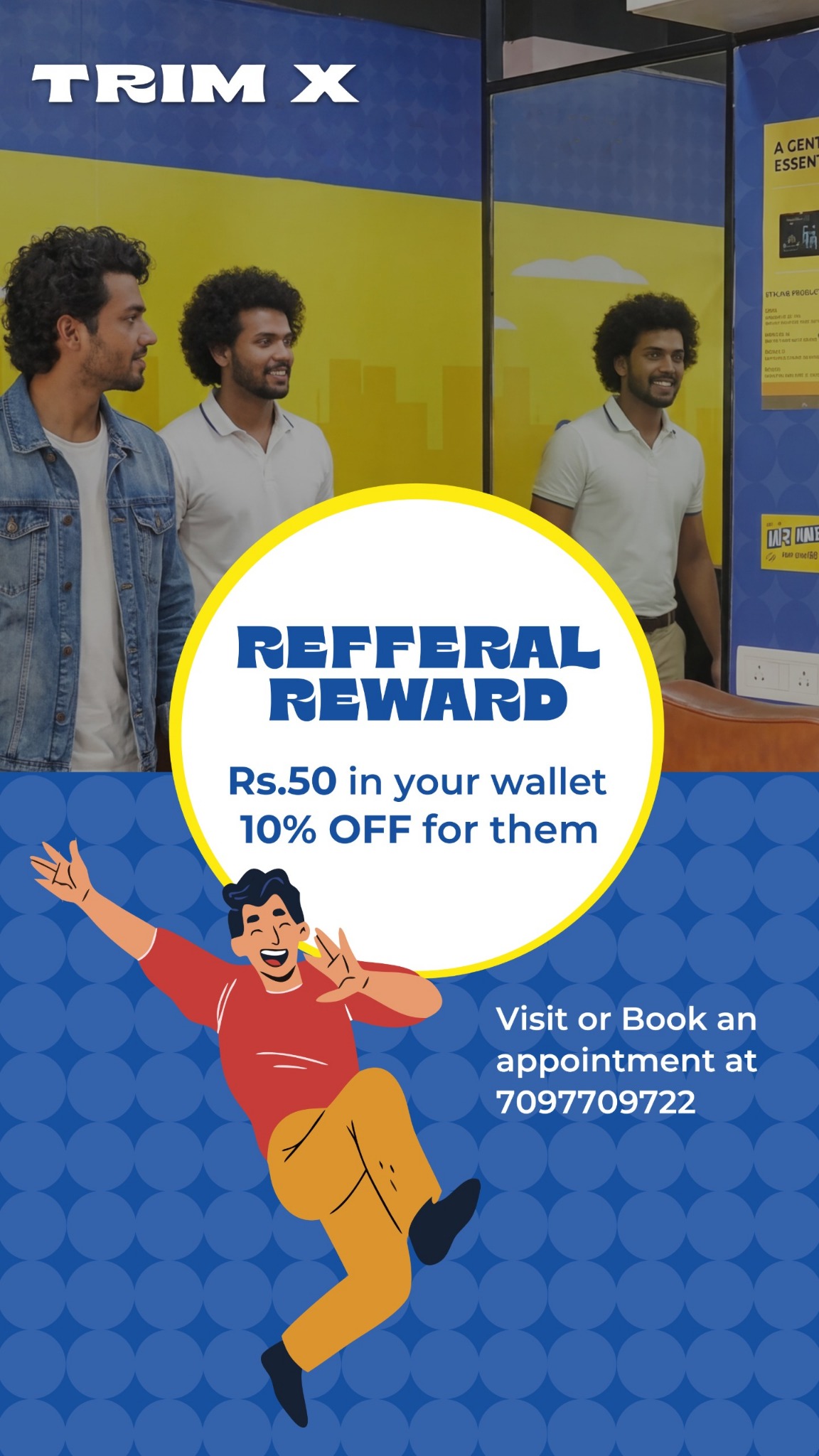 TrimX Men's Salon Facebook ad: Refer a Friend & Earn ₹50 and your Friend Gets 10% OFF