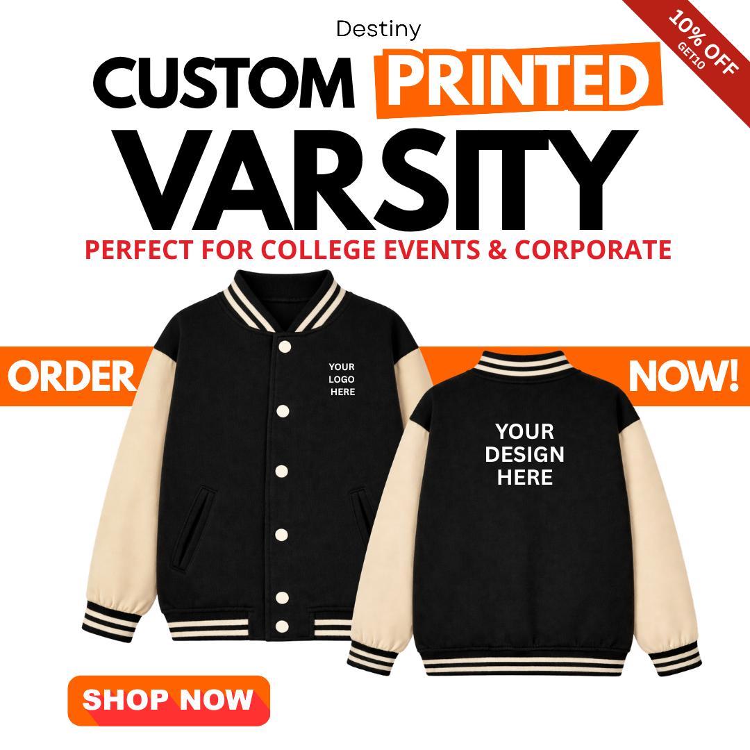 Destiny Clothing Facebook ad: Customize Your Varsity Jacket Today
