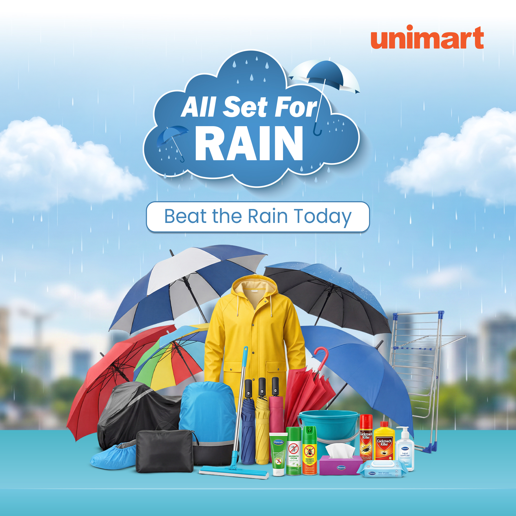 Unimart Facebook ad: Rain or Shine, Stay Fully Prepared with Unimart!