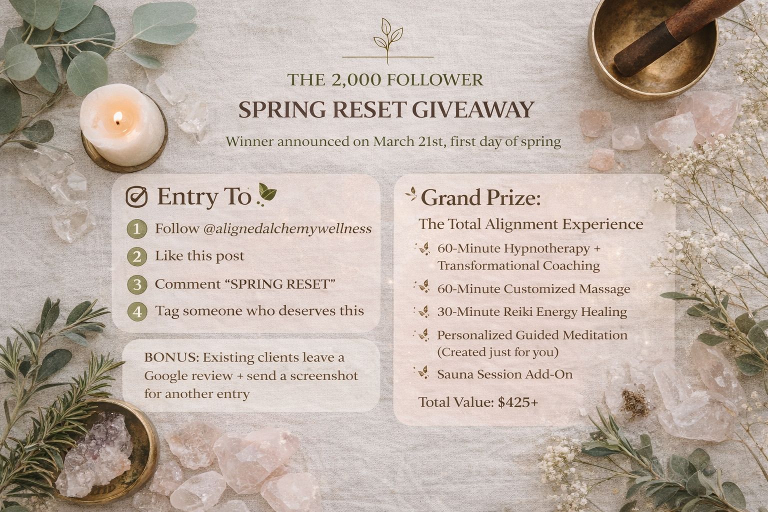 Aligned & Alchemy Wellness Facebook ad: SPRING RESET GIVEAWAY