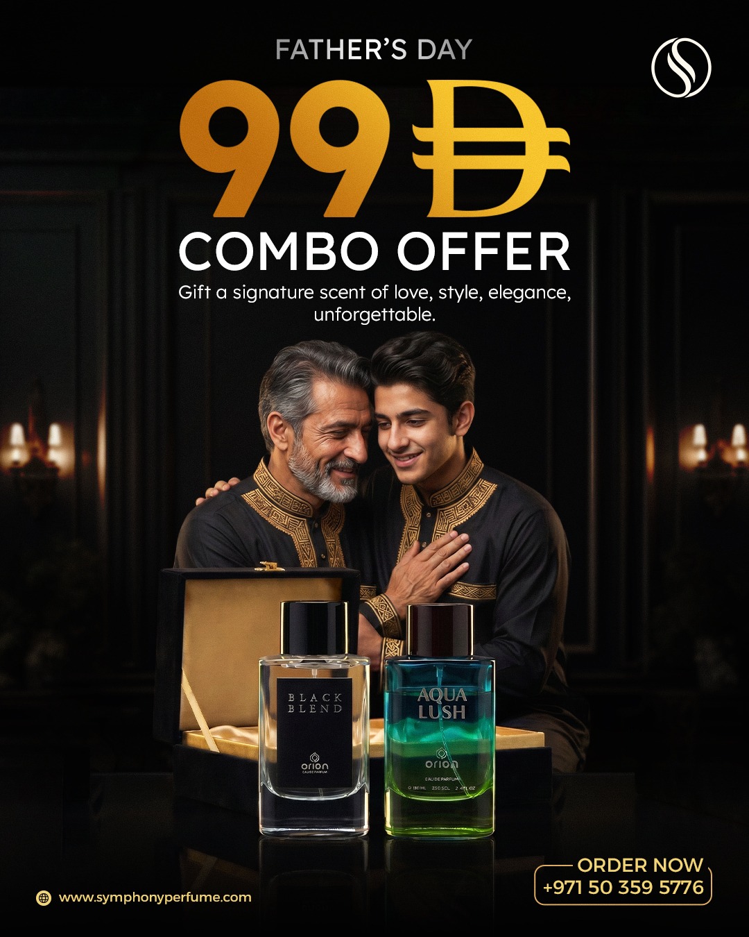Symphony Perfume AE Facebook ad: Father’s Day signature scent combo offer featuring Black…