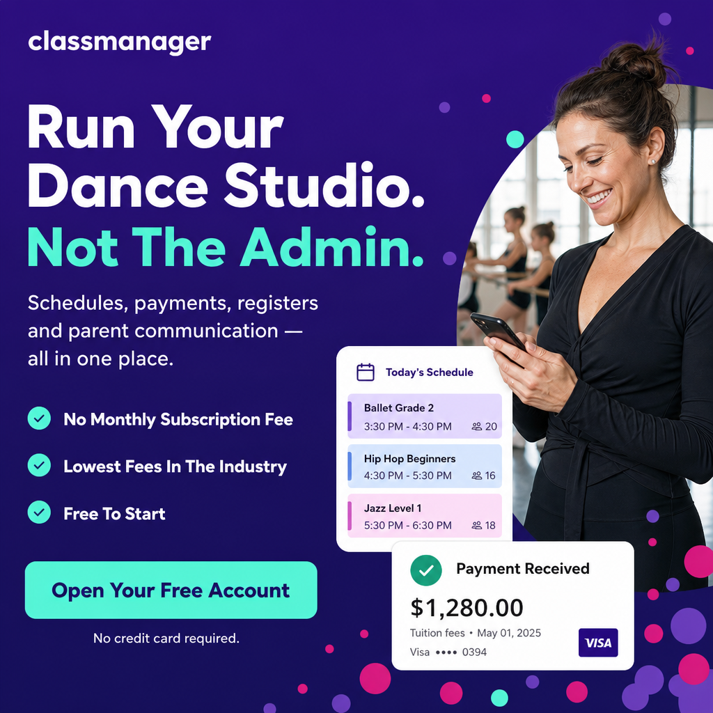 Class Manager Facebook ad: Dance studio owners, still managing your studio across…