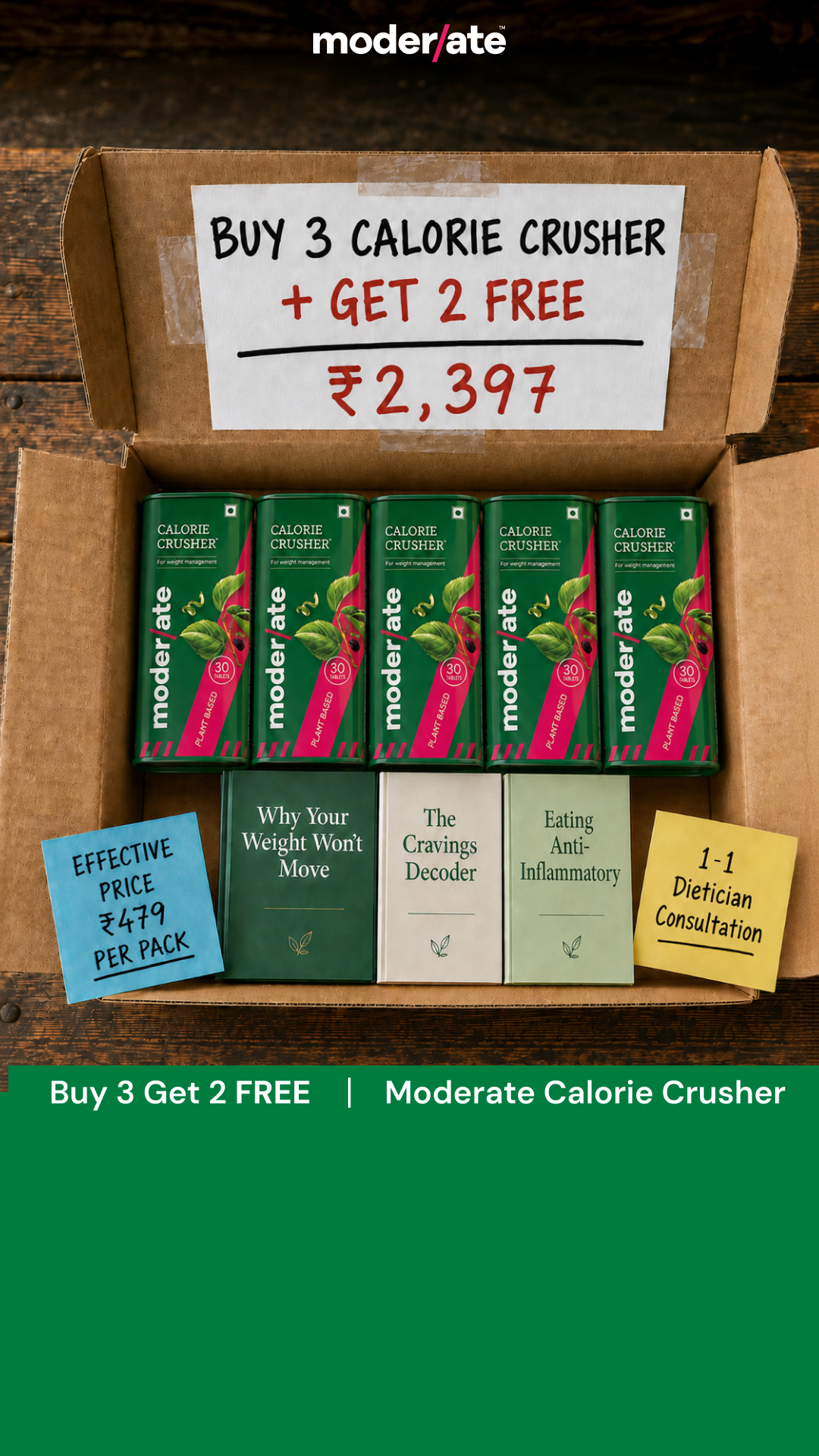 Letsmoderate Facebook ad: Buy 3, Get 2 FREE | Calorie Crusher