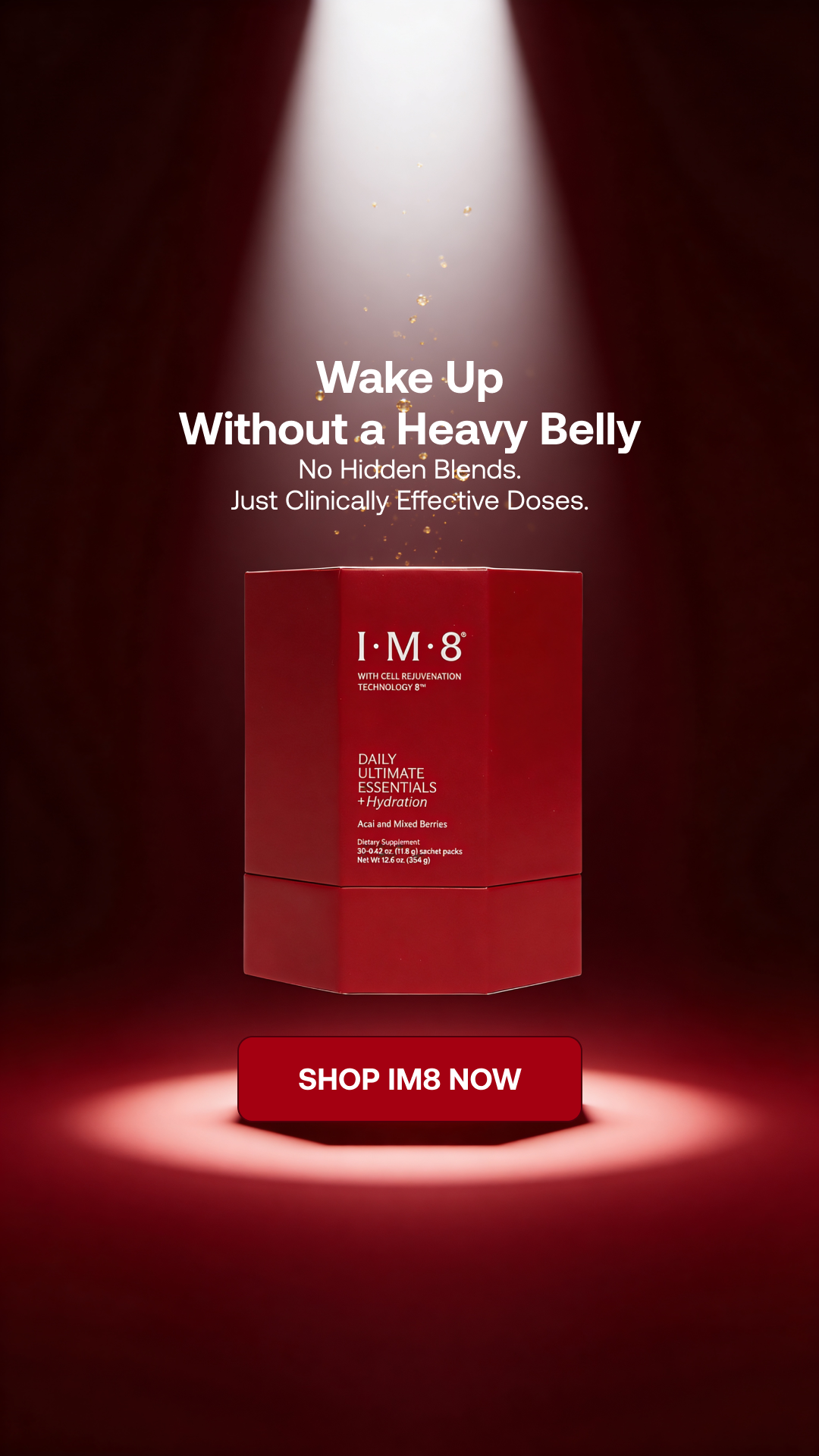 IM8 Facebook ad: One Scoop. 16 Supplements. Zero Guesswork.