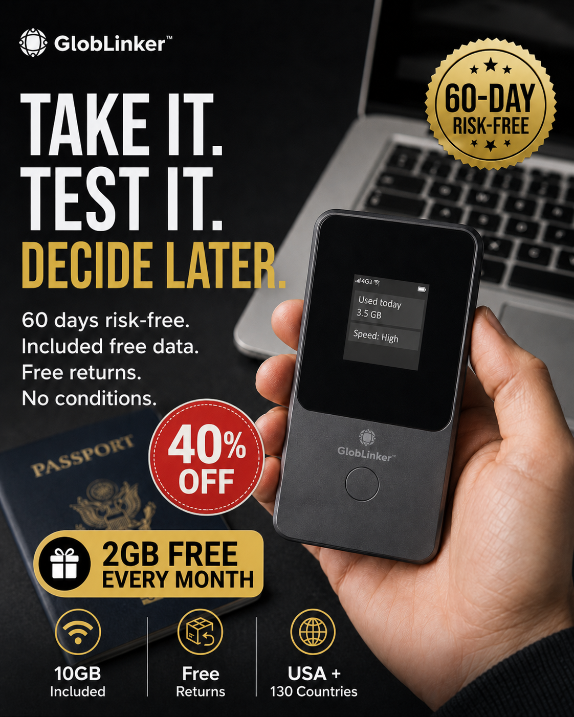 Globlinker Facebook ad: Portable WiFi + FREE Lifetime Data