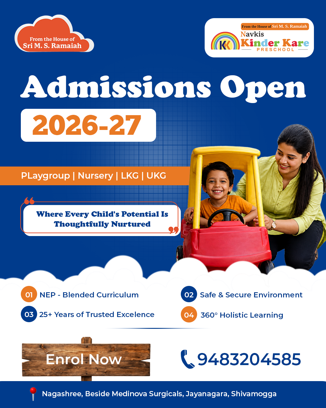 Navkis Kinder Kare Facebook ad: Admissions Open AY 2026-27, 25+ Years of Excellence