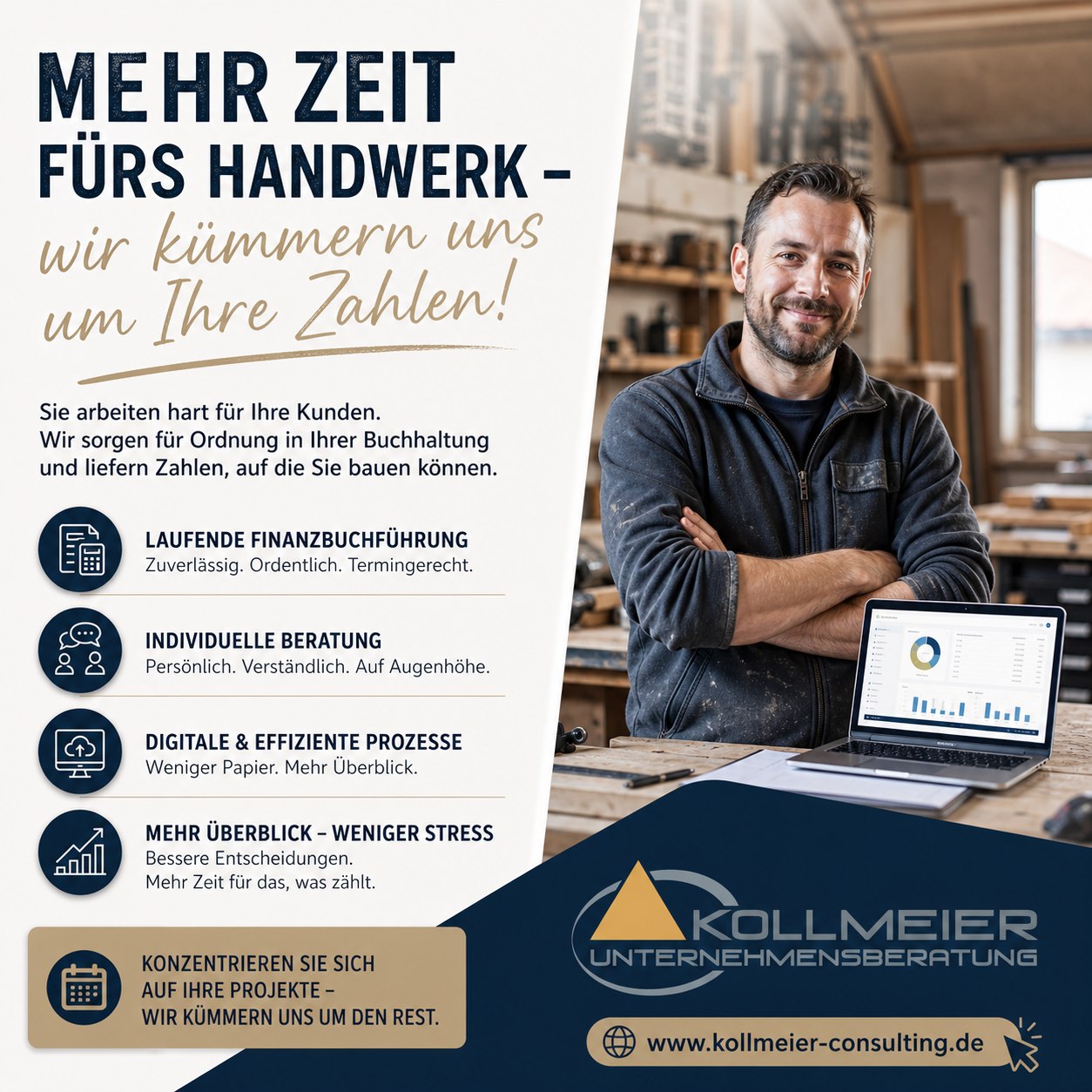 Kollmeier Consulting Facebook ad: Mehr Zeit fürs Handwerk, wir kümmern uns um…
