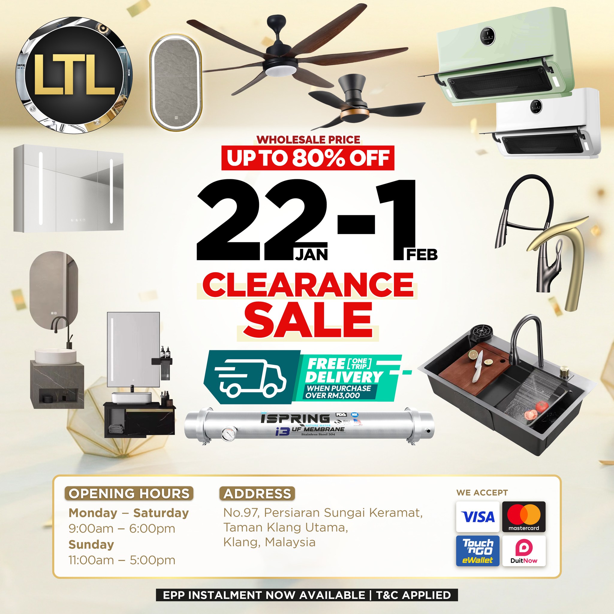 LTL Sanitaryware, Tiles & Lighting - Klang Utama Facebook ad: 𝐁𝐀𝐓𝐇 𝐊𝐈𝐓𝐂𝐇𝐄𝐍 𝐋𝐈𝐆𝐇𝐓𝐈𝐍𝐆 𝐓𝐈𝐋𝐄𝐒