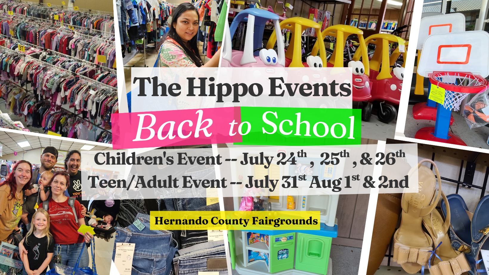 The Hippo Events Pop-up Consignment Events for the WHOLE Family Facebook ad: Back to School Consignment Event
